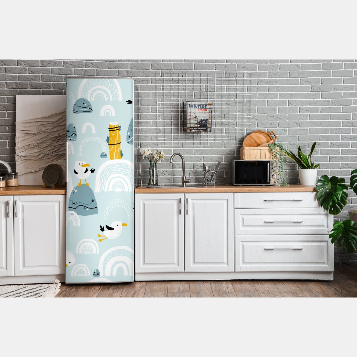 Naklejka na lodówkę wesołe mewy na pastelowych łukach – Wallissimo® Naklejka na lodówkę wesołe mewy na pastelowych łukach – Wallissimo®