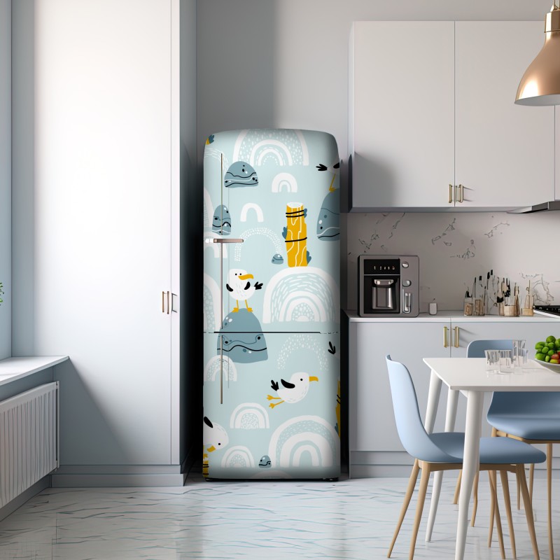 Naklejka na lodówkę wesołe mewy na pastelowych łukach – Wallissimo® Naklejka na lodówkę wesołe mewy na pastelowych łukach – Wallissimo®