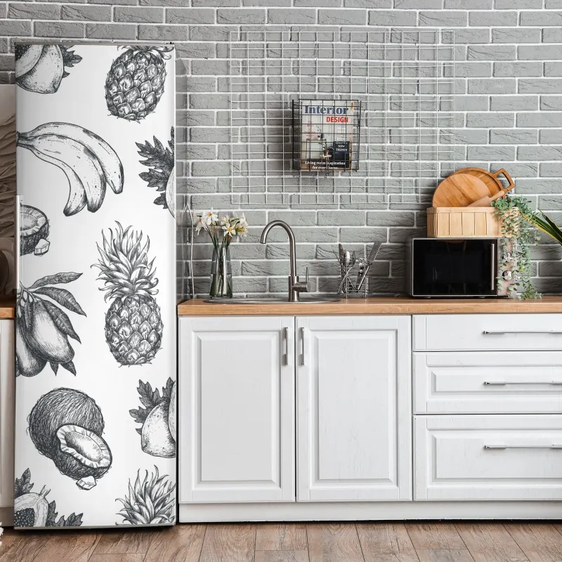 Naklejka na lodówkę odważna geometryczna elewacja w pomarańczy i turkusie – Wallissimo®