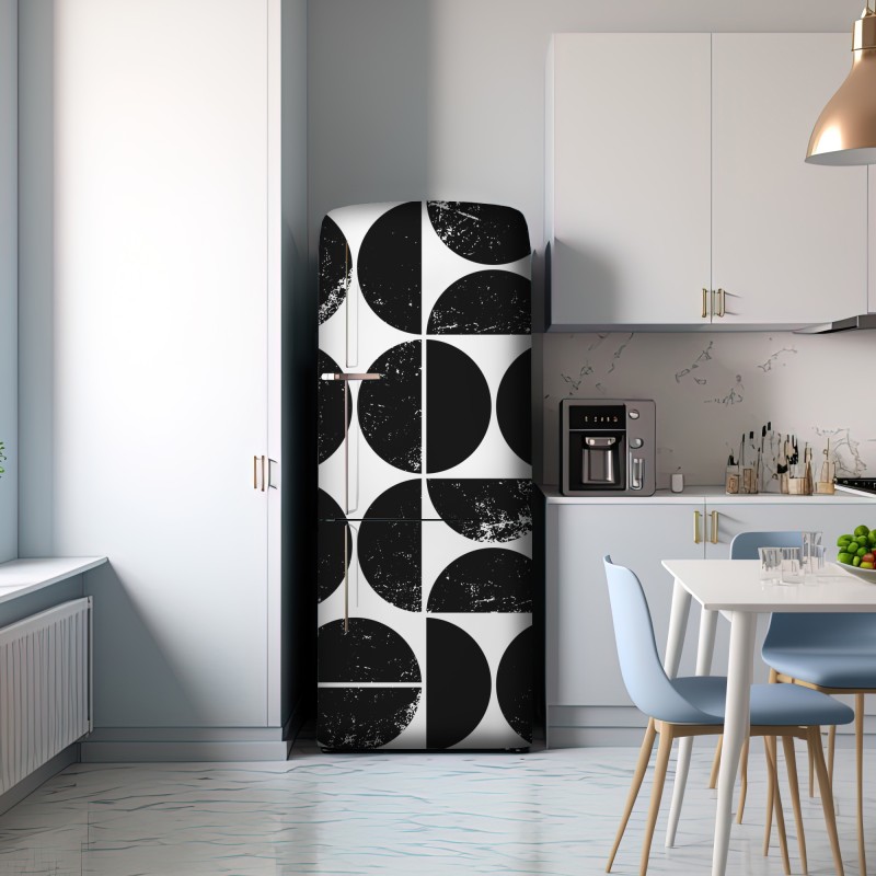 Naklejka na lodówkę czarny geometryczny wzór z kół i półkół – Wallissimo® Naklejka na lodówkę czarny geometryczny wzór z kół i półkół – Wallissimo®