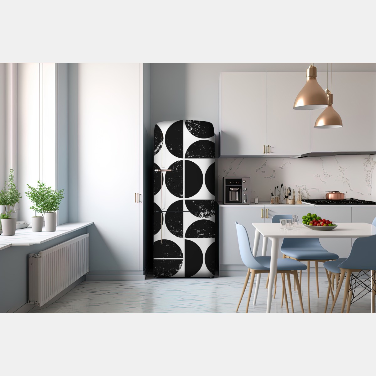 Naklejka na lodówkę czarny geometryczny wzór z kół i półkół – Wallissimo® Naklejka na lodówkę czarny geometryczny wzór z kół i półkół – Wallissimo®