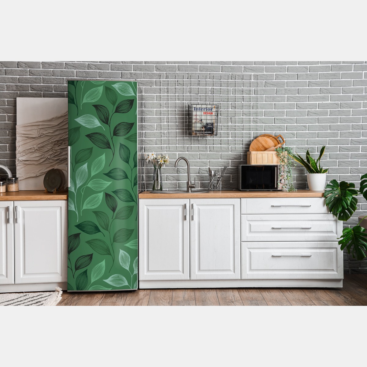 Naklejka na lodówkę zielony botaniczny wzór liści – Wallissimo® Naklejka na lodówkę zielony botaniczny wzór liści – Wallissimo®