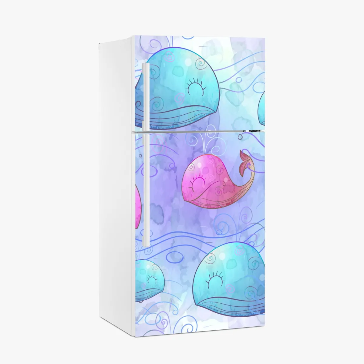 Naklejka na lodówkę akwarelowy wzór z wielorybami do pokoju dziecięcego – Wallissimo® Naklejka na lodówkę akwarelowy wzór z wielorybami do pokoju dziecięcego – Wallissimo®