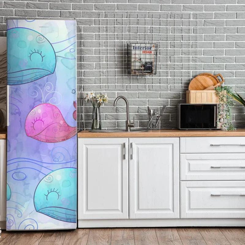 Naklejka na lodówkę odważna geometryczna elewacja w pomarańczy i turkusie – Wallissimo®