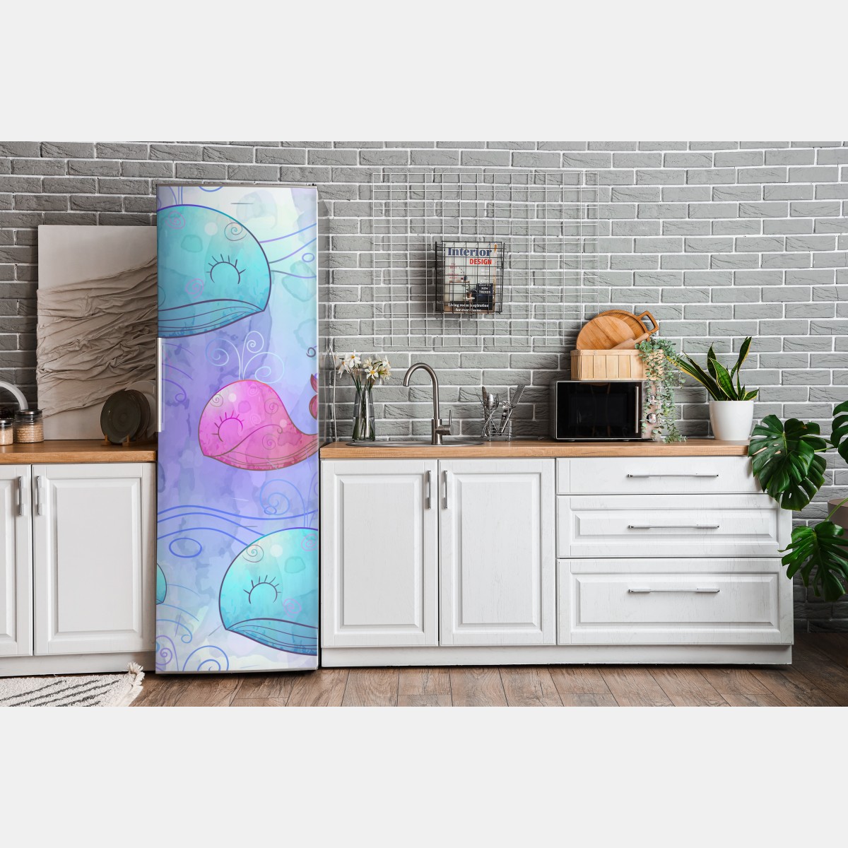 Naklejka na lodówkę akwarelowy wzór z wielorybami do pokoju dziecięcego – Wallissimo® Naklejka na lodówkę akwarelowy wzór z wielorybami do pokoju dziecięcego – Wallissimo®