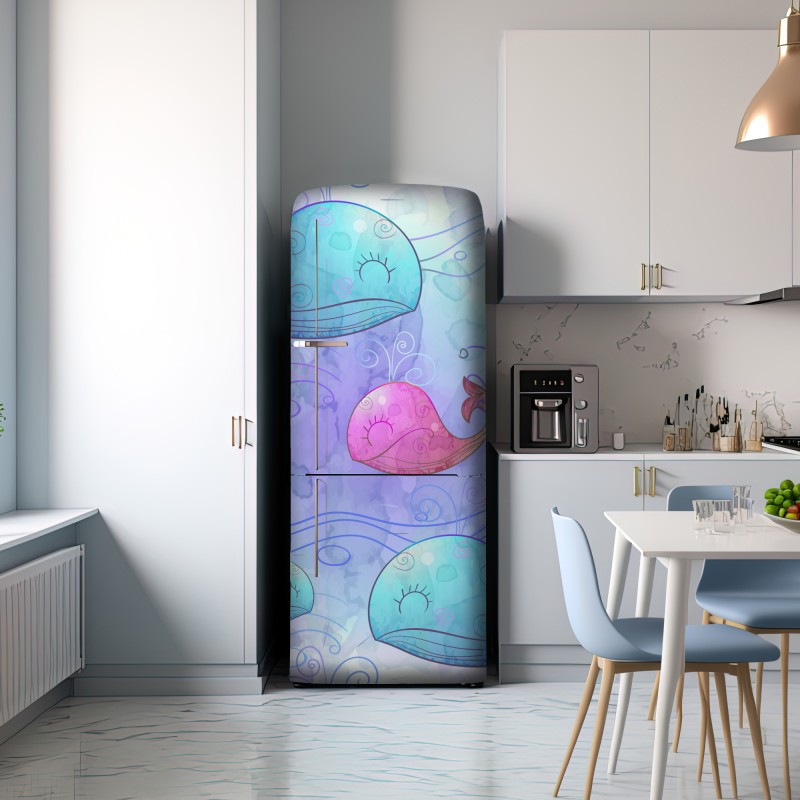 Naklejka na lodówkę akwarelowy wzór z wielorybami do pokoju dziecięcego – Wallissimo® Naklejka na lodówkę akwarelowy wzór z wielorybami do pokoju dziecięcego – Wallissimo®