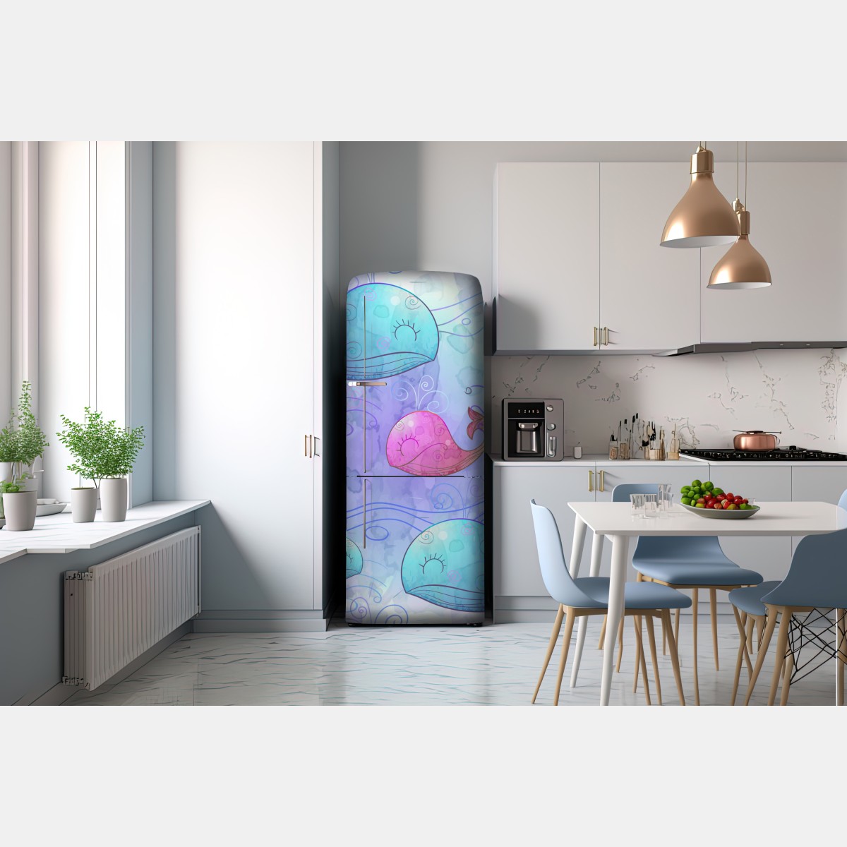 Naklejka na lodówkę akwarelowy wzór z wielorybami do pokoju dziecięcego – Wallissimo® Naklejka na lodówkę akwarelowy wzór z wielorybami do pokoju dziecięcego – Wallissimo®