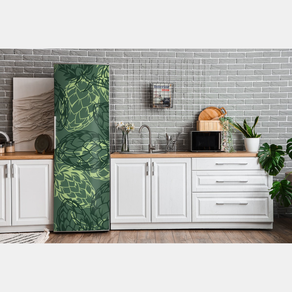 Naklejka na lodówkę zielony wzór szyszek chmielu – Wallissimo® Naklejka na lodówkę zielony wzór szyszek chmielu – Wallissimo®