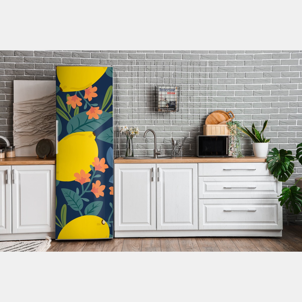 Naklejka na lodówkę jaskrawy botaniczny wzór z cytrynami – Wallissimo® Naklejka na lodówkę jaskrawy botaniczny wzór z cytrynami – Wallissimo®