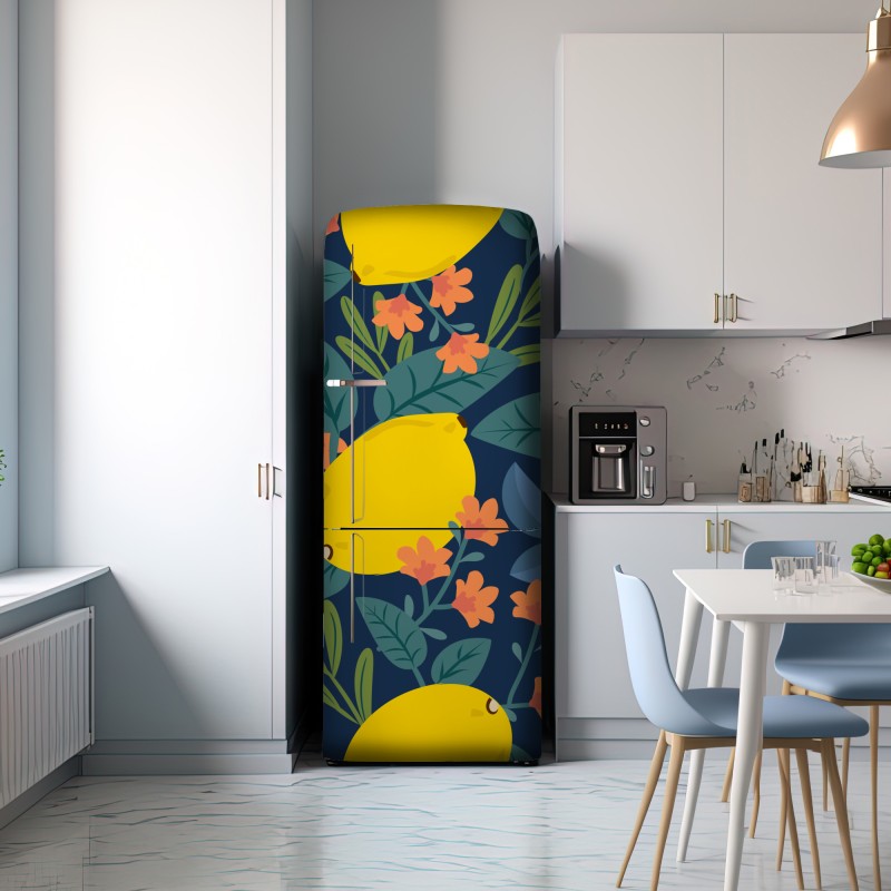 Naklejka na lodówkę jaskrawy botaniczny wzór z cytrynami – Wallissimo® Naklejka na lodówkę jaskrawy botaniczny wzór z cytrynami – Wallissimo®