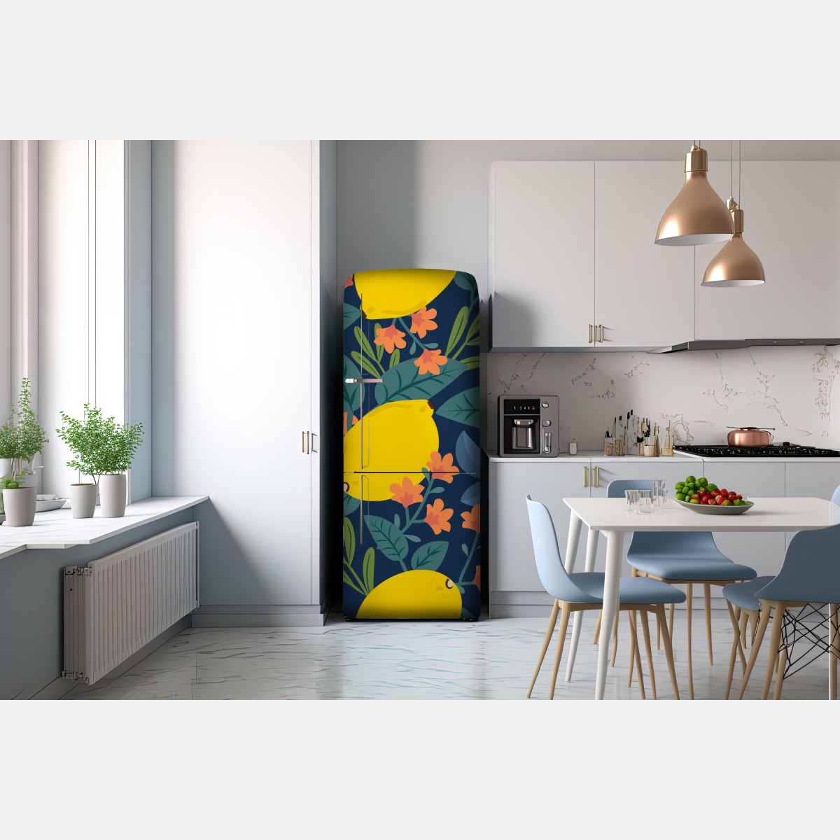 Naklejka na lodówkę jaskrawy botaniczny wzór z cytrynami – Wallissimo® Naklejka na lodówkę jaskrawy botaniczny wzór z cytrynami – Wallissimo®