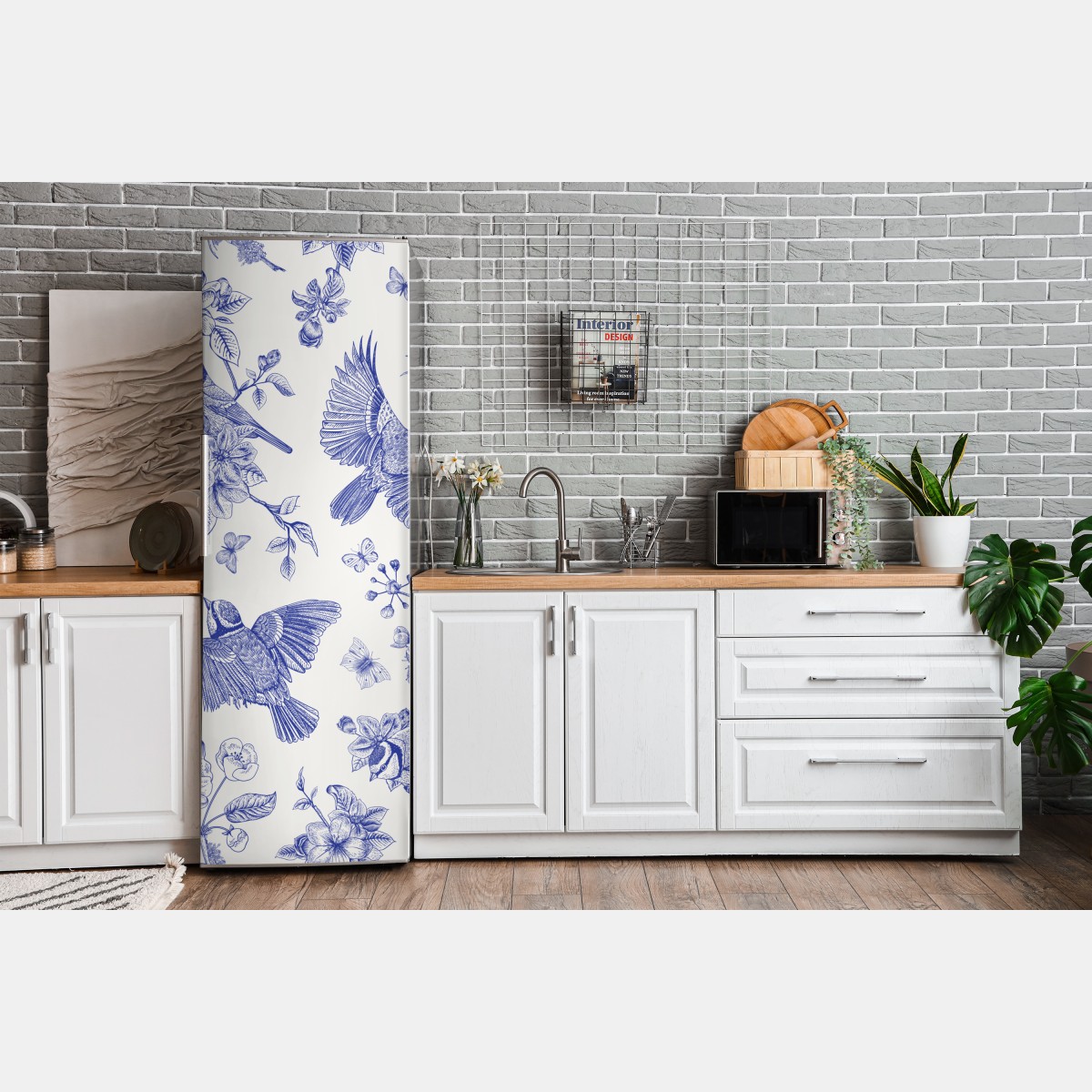 Naklejka na lodówkę niebieski wzór ptaków i kwiatów w stylu vintage – Wallissimo® Naklejka na lodówkę niebieski wzór ptaków i kwiatów w stylu vintage – Wallissimo®