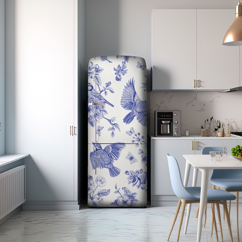 Naklejka na lodówkę niebieski wzór ptaków i kwiatów w stylu vintage – Wallissimo® Naklejka na lodówkę niebieski wzór ptaków i kwiatów w stylu vintage – Wallissimo®