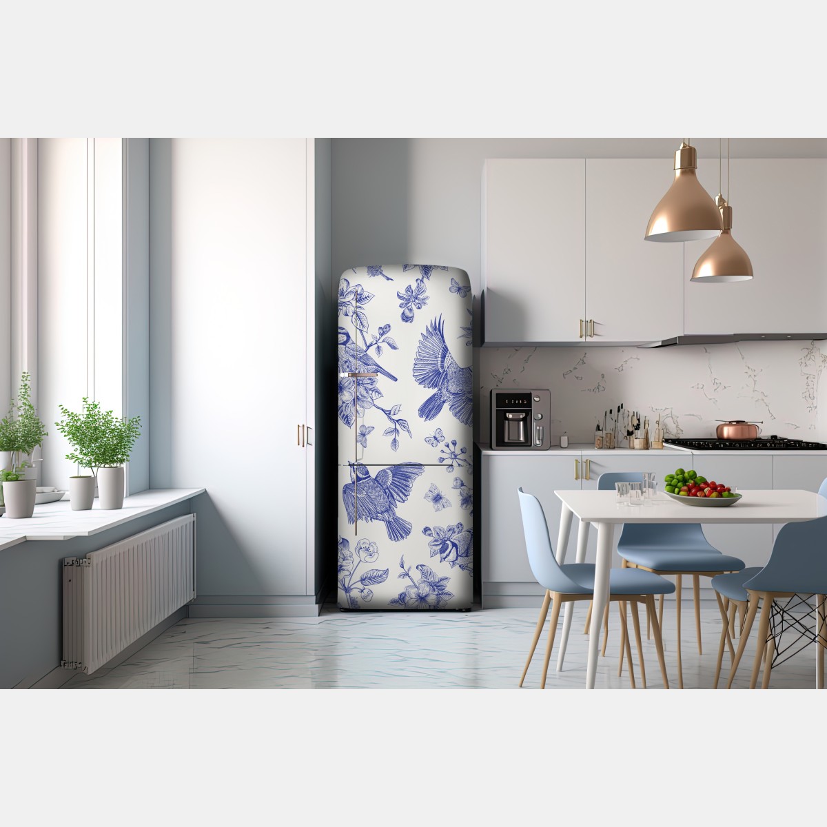 Naklejka na lodówkę niebieski wzór ptaków i kwiatów w stylu vintage – Wallissimo® Naklejka na lodówkę niebieski wzór ptaków i kwiatów w stylu vintage – Wallissimo®