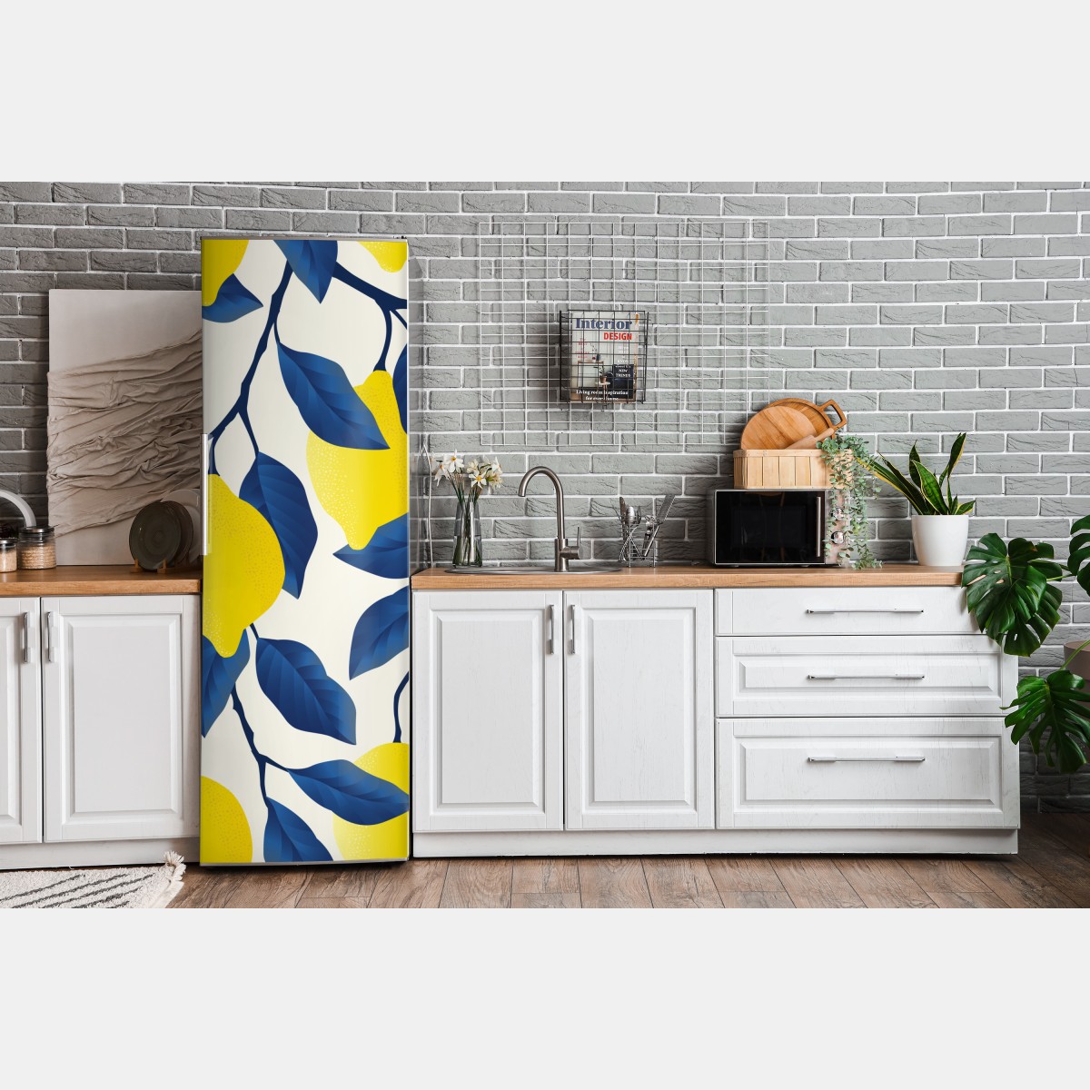 Naklejka na lodówkę żywy wzór cytryn z niebieskimi liśćmi – Wallissimo® Naklejka na lodówkę żywy wzór cytryn z niebieskimi liśćmi – Wallissimo®