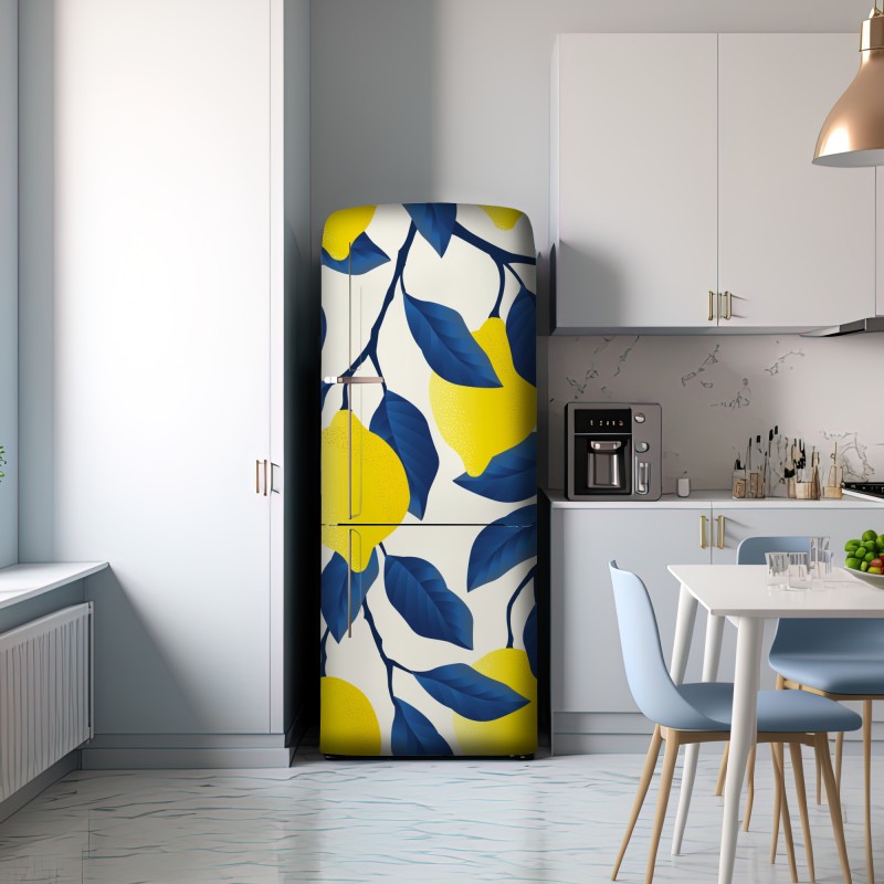 Naklejka na lodówkę żywy wzór cytryn z niebieskimi liśćmi – Wallissimo® Naklejka na lodówkę żywy wzór cytryn z niebieskimi liśćmi – Wallissimo®