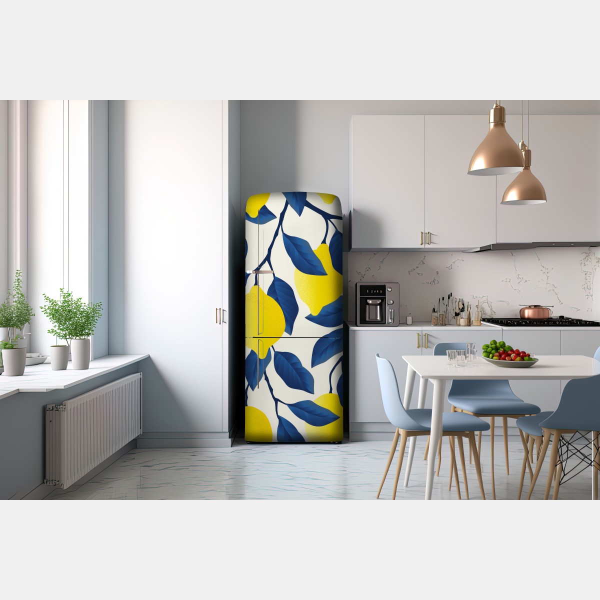 Naklejka na lodówkę żywy wzór cytryn z niebieskimi liśćmi – Wallissimo® Naklejka na lodówkę żywy wzór cytryn z niebieskimi liśćmi – Wallissimo®