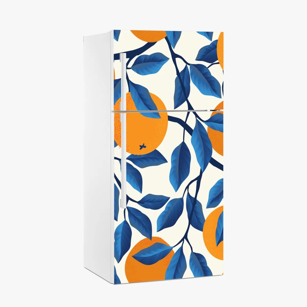 Naklejka na lodówkę żywy wzór cytrusów w pomarańczach i niebieskich liściach – Wallissimo® Naklejka na lodówkę żywy wzór cytrusów w pomarańczach i niebieskich liściach – Wallissimo®