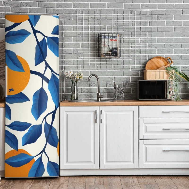 Naklejka na lodówkę żywy wzór cytrusów w pomarańczach i niebieskich liściach – Wallissimo® Naklejka na lodówkę żywy wzór cytrusów w pomarańczach i niebieskich liściach – Wallissimo®