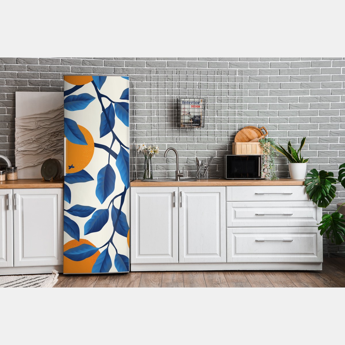 Naklejka na lodówkę żywy wzór cytrusów w pomarańczach i niebieskich liściach – Wallissimo® Naklejka na lodówkę żywy wzór cytrusów w pomarańczach i niebieskich liściach – Wallissimo®