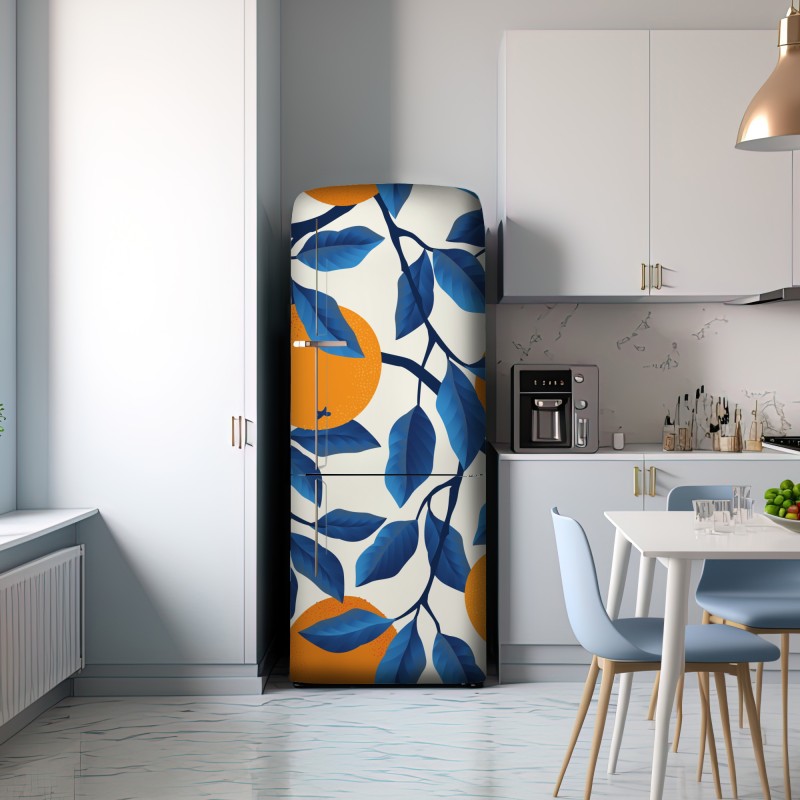 Naklejka na lodówkę żywy wzór cytrusów w pomarańczach i niebieskich liściach – Wallissimo® Naklejka na lodówkę żywy wzór cytrusów w pomarańczach i niebieskich liściach – Wallissimo®