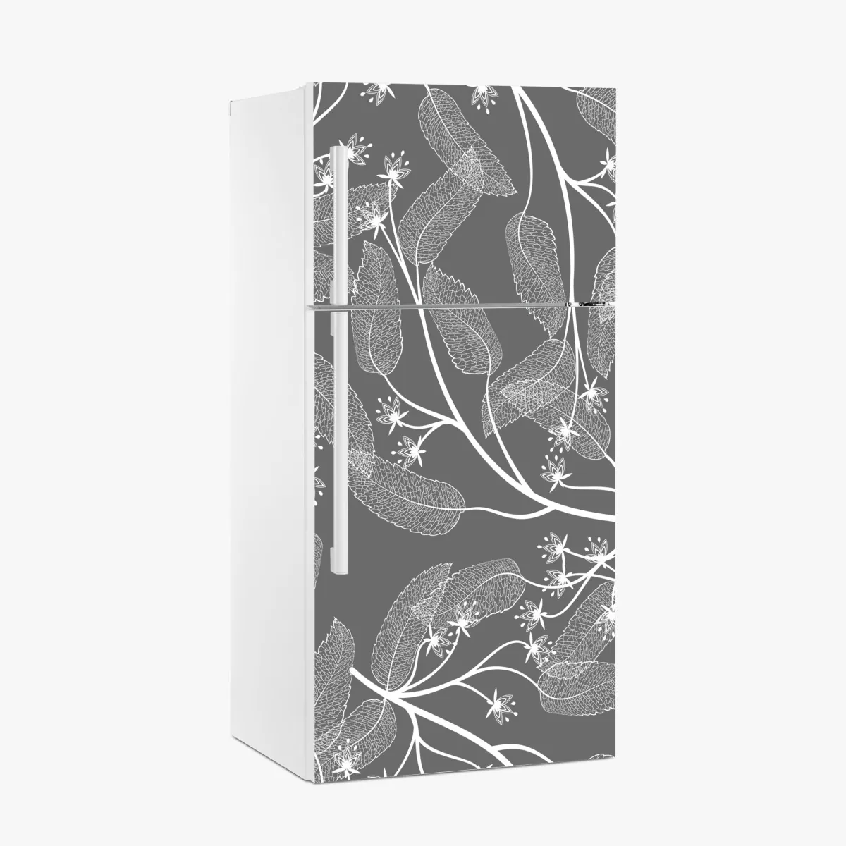 Naklejka na lodówkę delikatne białe liście na szarym tle – Wallissimo® Naklejka na lodówkę delikatne białe liście na szarym tle – Wallissimo®