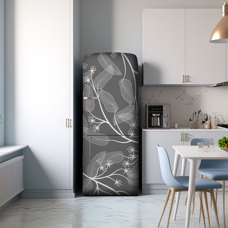 Naklejka na lodówkę delikatne białe liście na szarym tle – Wallissimo® Naklejka na lodówkę delikatne białe liście na szarym tle – Wallissimo®