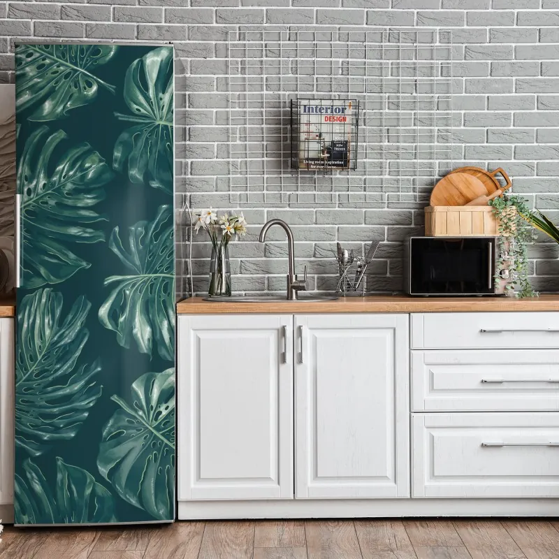 Naklejka na lodówkę wzór tropikalnych liści monstery – Wallissimo® Naklejka na lodówkę wzór tropikalnych liści monstery – Wallissimo®