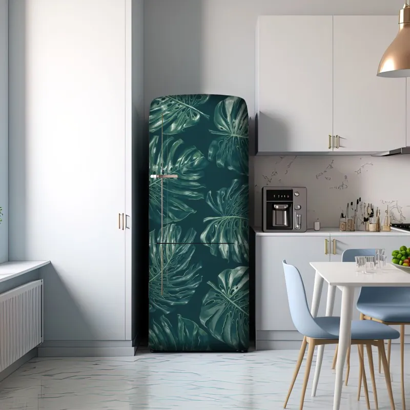 Naklejka na lodówkę wzór tropikalnych liści monstery – Wallissimo® Naklejka na lodówkę wzór tropikalnych liści monstery – Wallissimo®