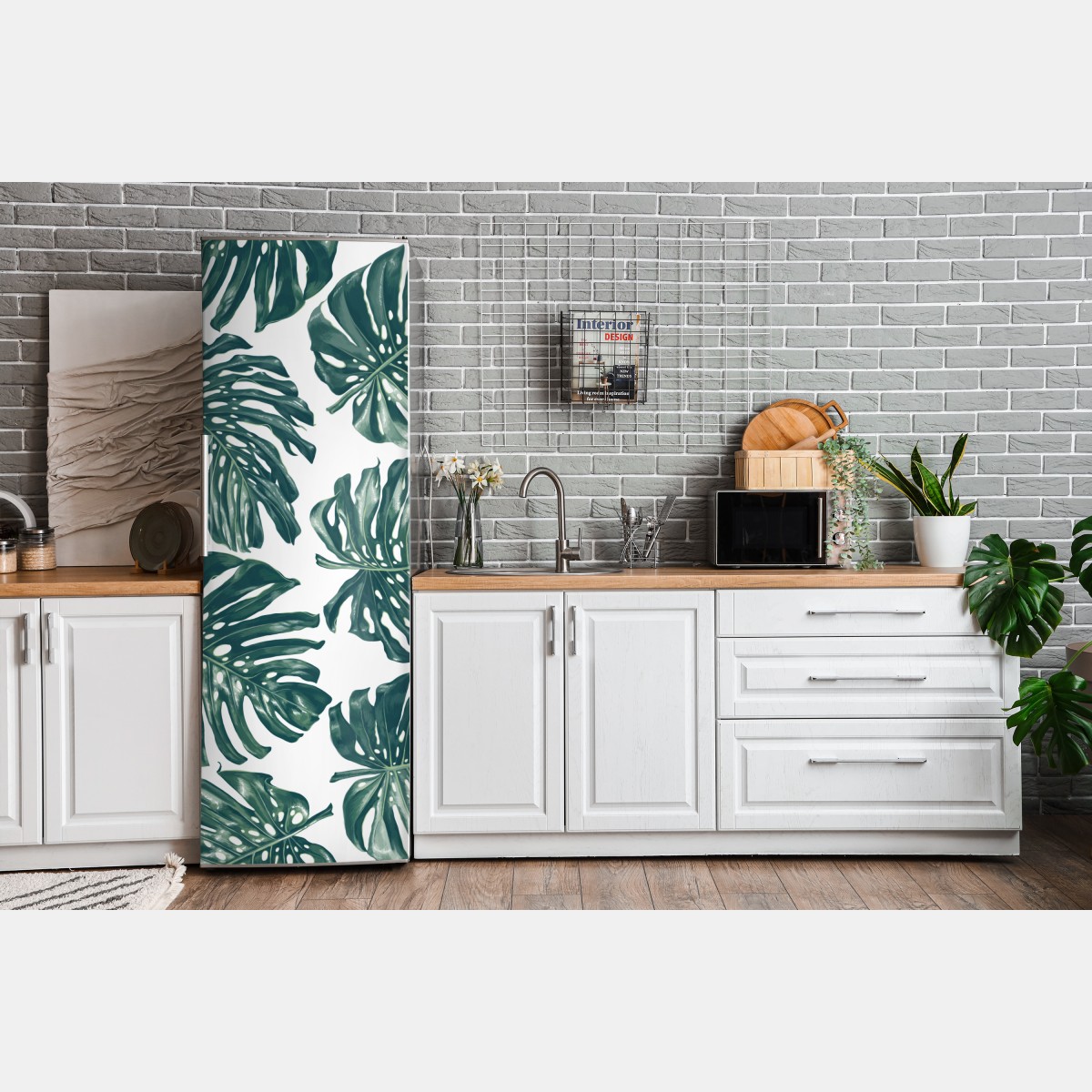 Naklejka na lodówkę wzór botaniczny liści monstery – Wallissimo® Naklejka na lodówkę wzór botaniczny liści monstery – Wallissimo®