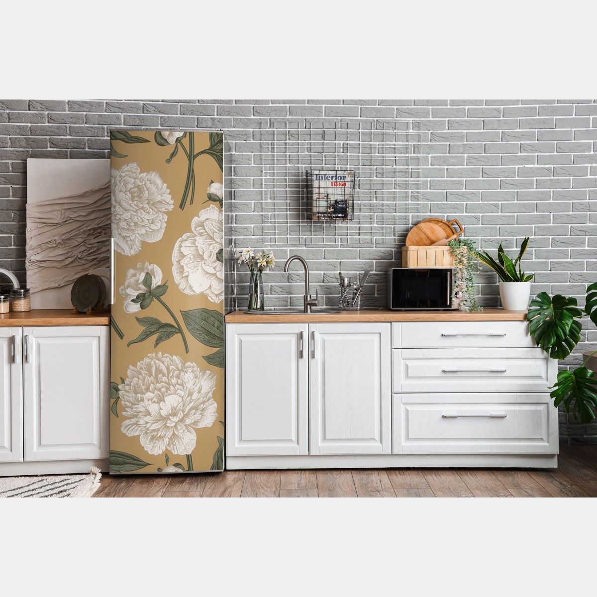 Naklejka na lodówkę vintage wzór botaniczny z piwoniami – Wallissimo® Naklejka na lodówkę vintage wzór botaniczny z piwoniami – Wallissimo®