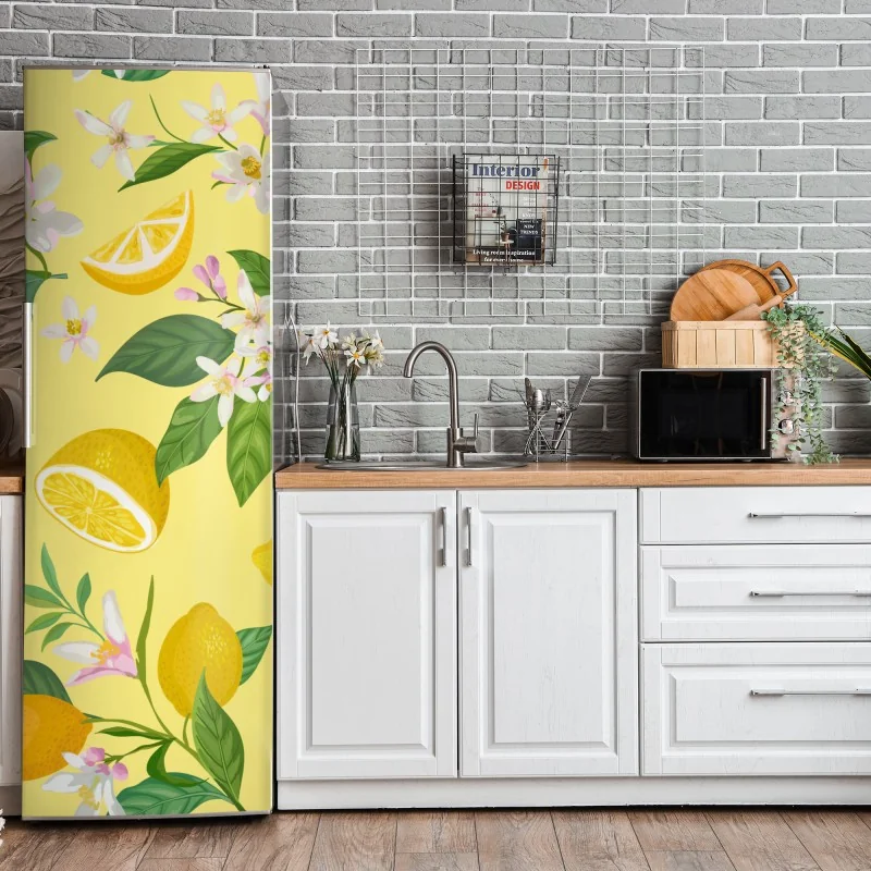 Naklejka na lodówkę odważna geometryczna elewacja w pomarańczy i turkusie – Wallissimo®