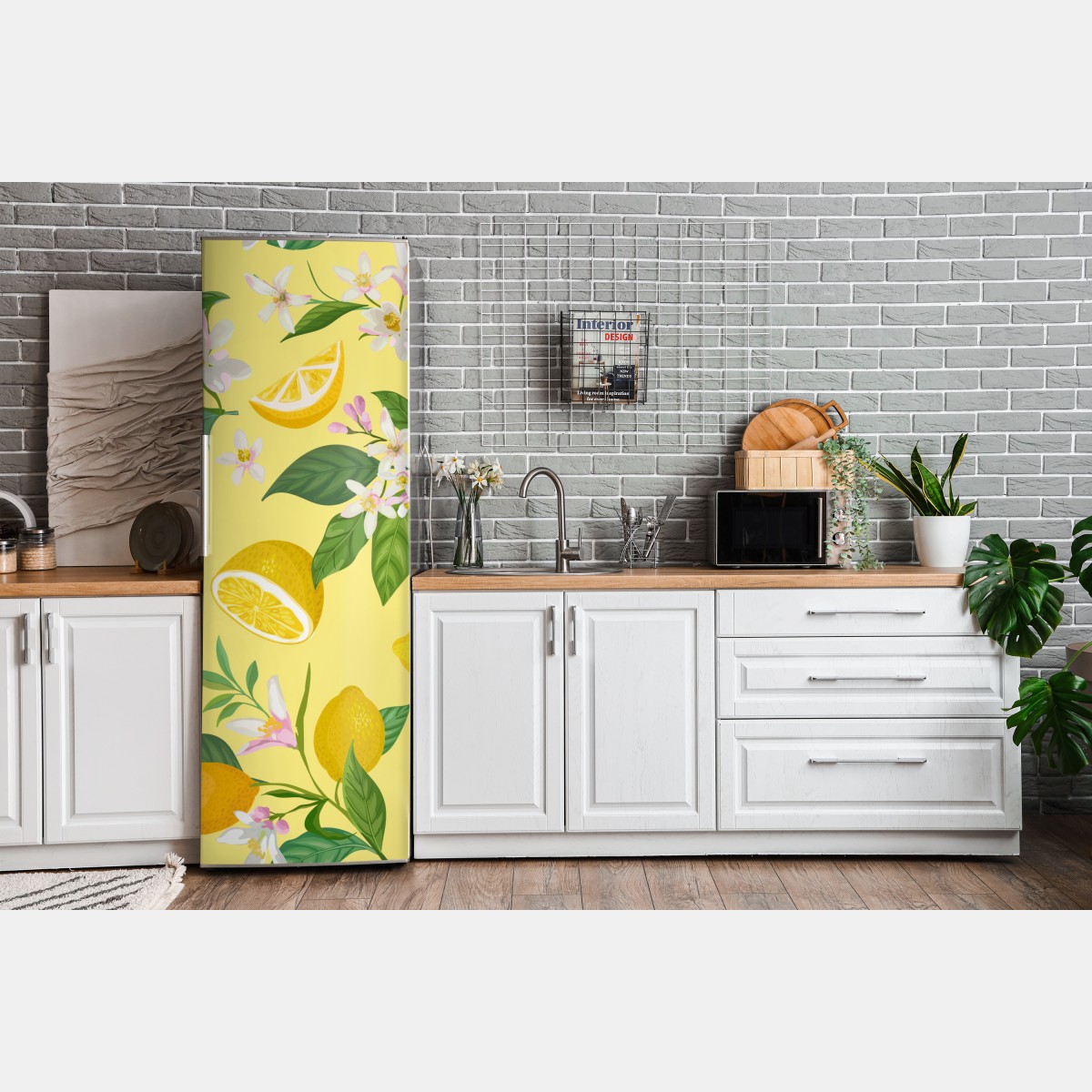 Naklejka na lodówkę wzór z kwiatami i cytrynami – Wallissimo® Naklejka na lodówkę wzór z kwiatami i cytrynami – Wallissimo®