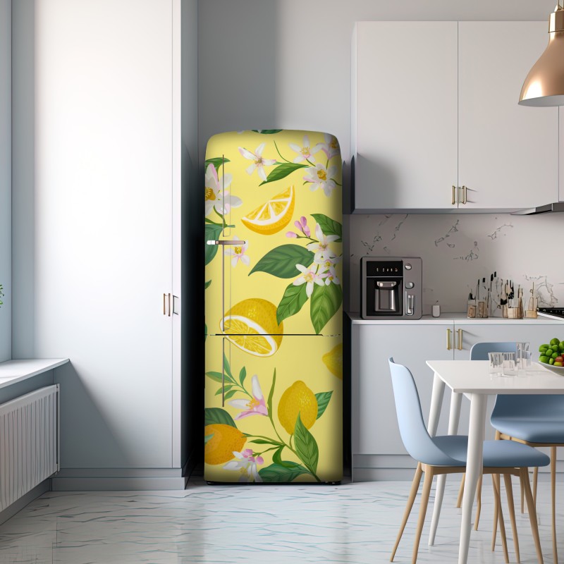 Naklejka na lodówkę wzór z kwiatami i cytrynami – Wallissimo® Naklejka na lodówkę wzór z kwiatami i cytrynami – Wallissimo®