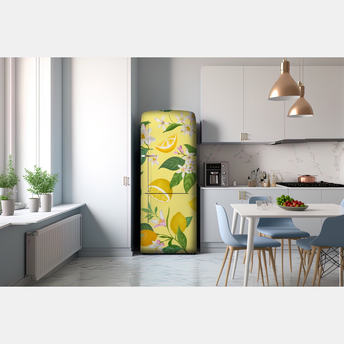 Naklejka na lodówkę wzór z kwiatami i cytrynami – Wallissimo® Naklejka na lodówkę wzór z kwiatami i cytrynami – Wallissimo®