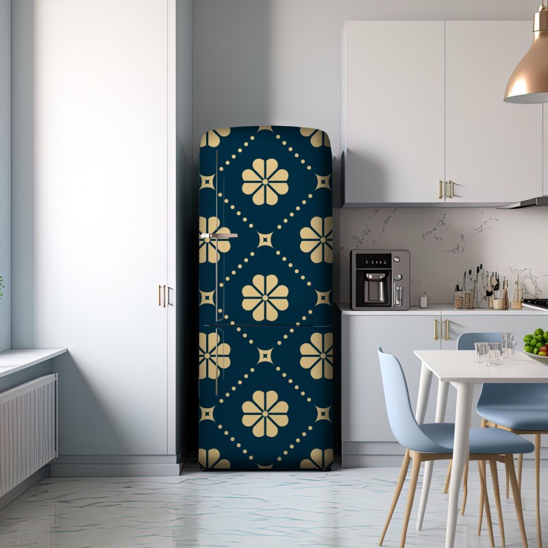 Naklejka na lodówkę turkusowo beżowy kwiatowy geometryczny wzór – Wallissimo® Naklejka na lodówkę turkusowo beżowy kwiatowy geometryczny wzór – Wallissimo®