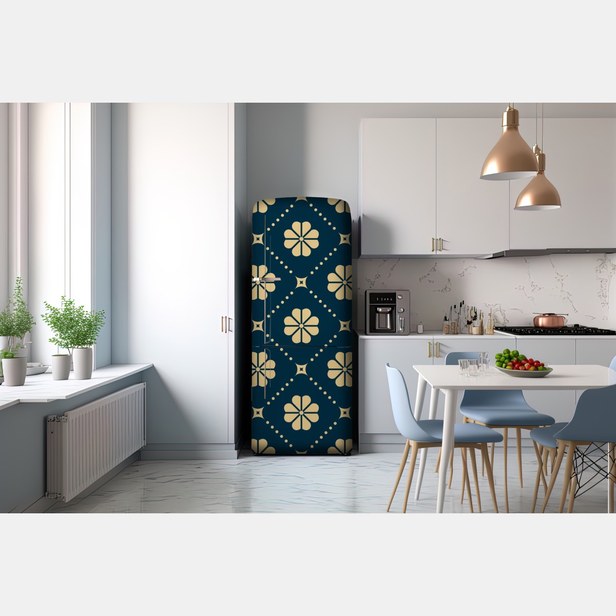 Naklejka na lodówkę turkusowo beżowy kwiatowy geometryczny wzór – Wallissimo® Naklejka na lodówkę turkusowo beżowy kwiatowy geometryczny wzór – Wallissimo®