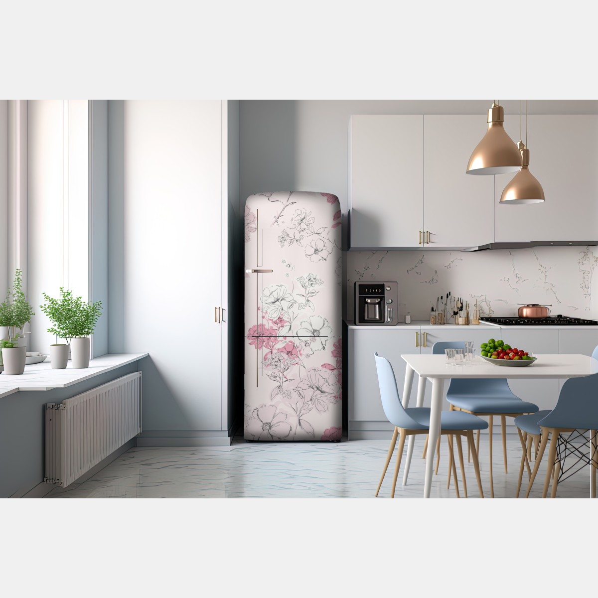 Naklejka na lodówkę delikatny różowy wzór kwiatowy – Wallissimo® Naklejka na lodówkę delikatny różowy wzór kwiatowy – Wallissimo®