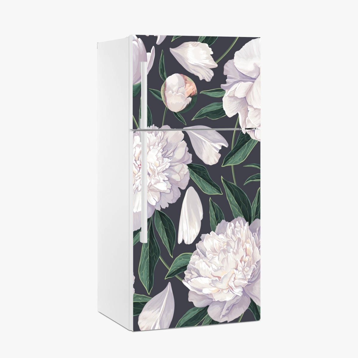 Fridge sticker white peony floral pattern on charcoal background