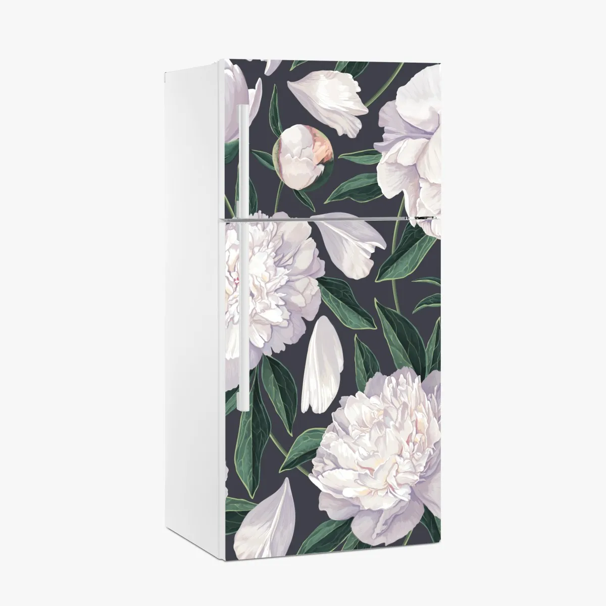 Naklejka na lodówkę wzór białych piwonii na grafitowym tle – Wallissimo® Naklejka na lodówkę wzór białych piwonii na grafitowym tle – Wallissimo®