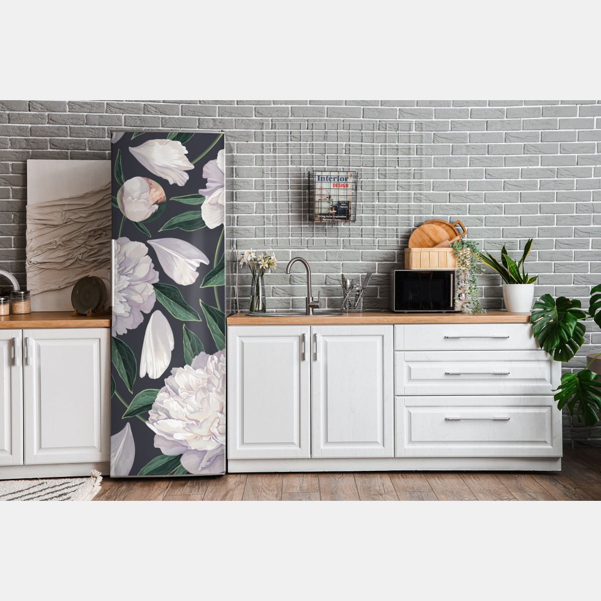Naklejka na lodówkę wzór białych piwonii na grafitowym tle – Wallissimo® Naklejka na lodówkę wzór białych piwonii na grafitowym tle – Wallissimo®
