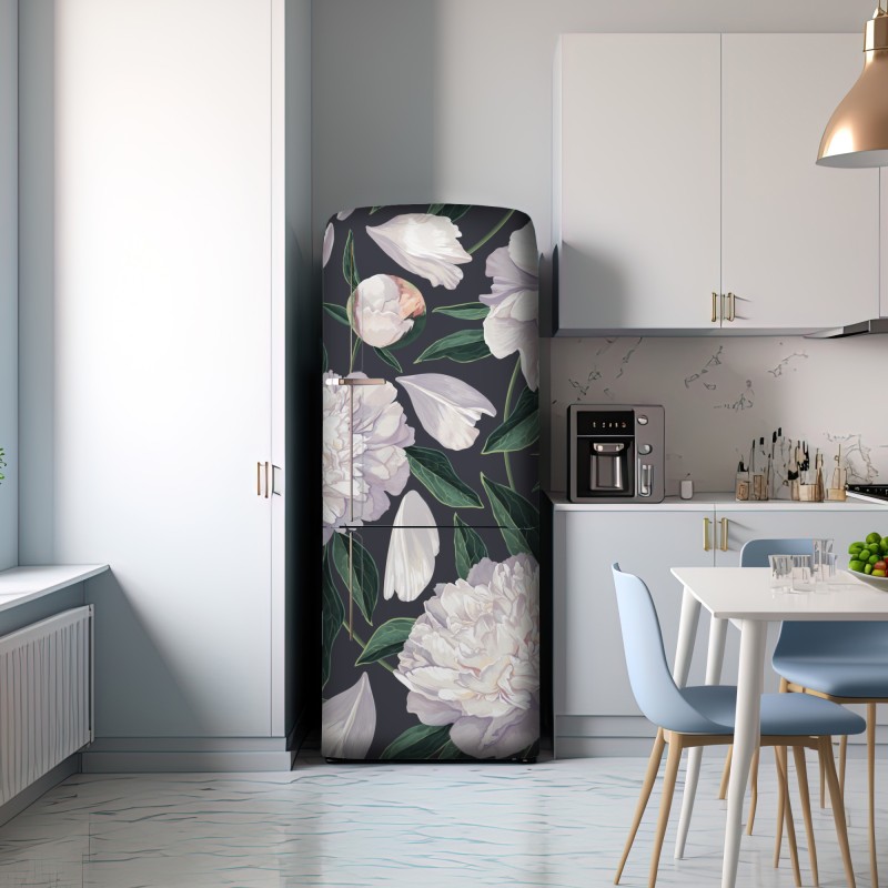 Naklejka na lodówkę wzór białych piwonii na grafitowym tle – Wallissimo® Naklejka na lodówkę wzór białych piwonii na grafitowym tle – Wallissimo®