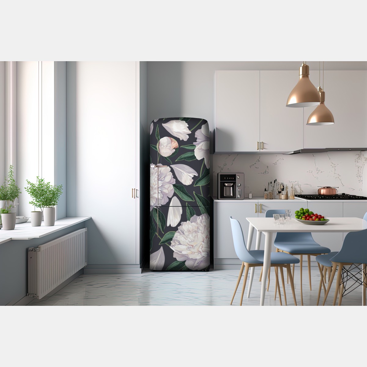 Naklejka na lodówkę wzór białych piwonii na grafitowym tle – Wallissimo® Naklejka na lodówkę wzór białych piwonii na grafitowym tle – Wallissimo®