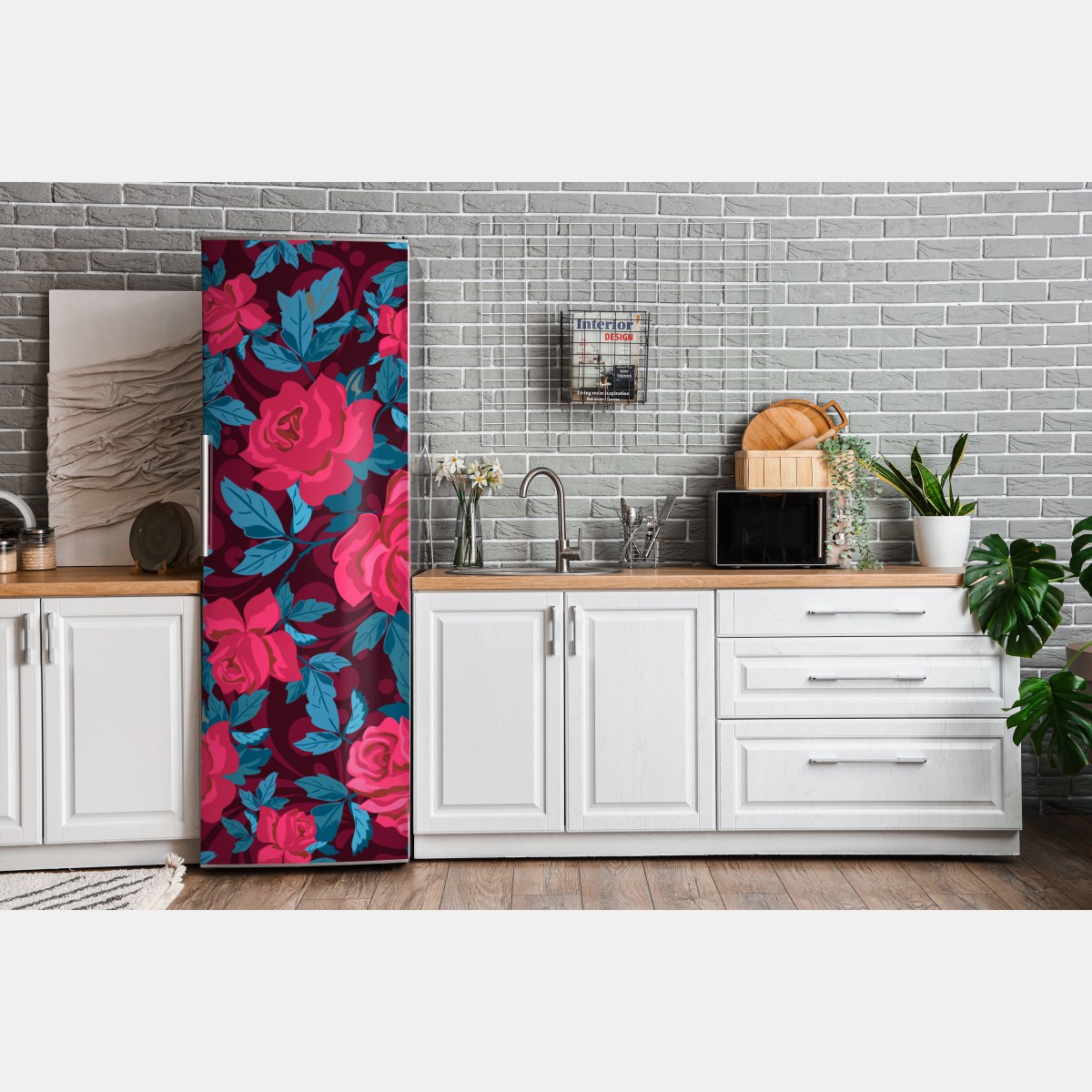 Naklejka na lodówkę vintage wzór różany w odcieniach różu – Wallissimo® Naklejka na lodówkę vintage wzór różany w odcieniach różu – Wallissimo®