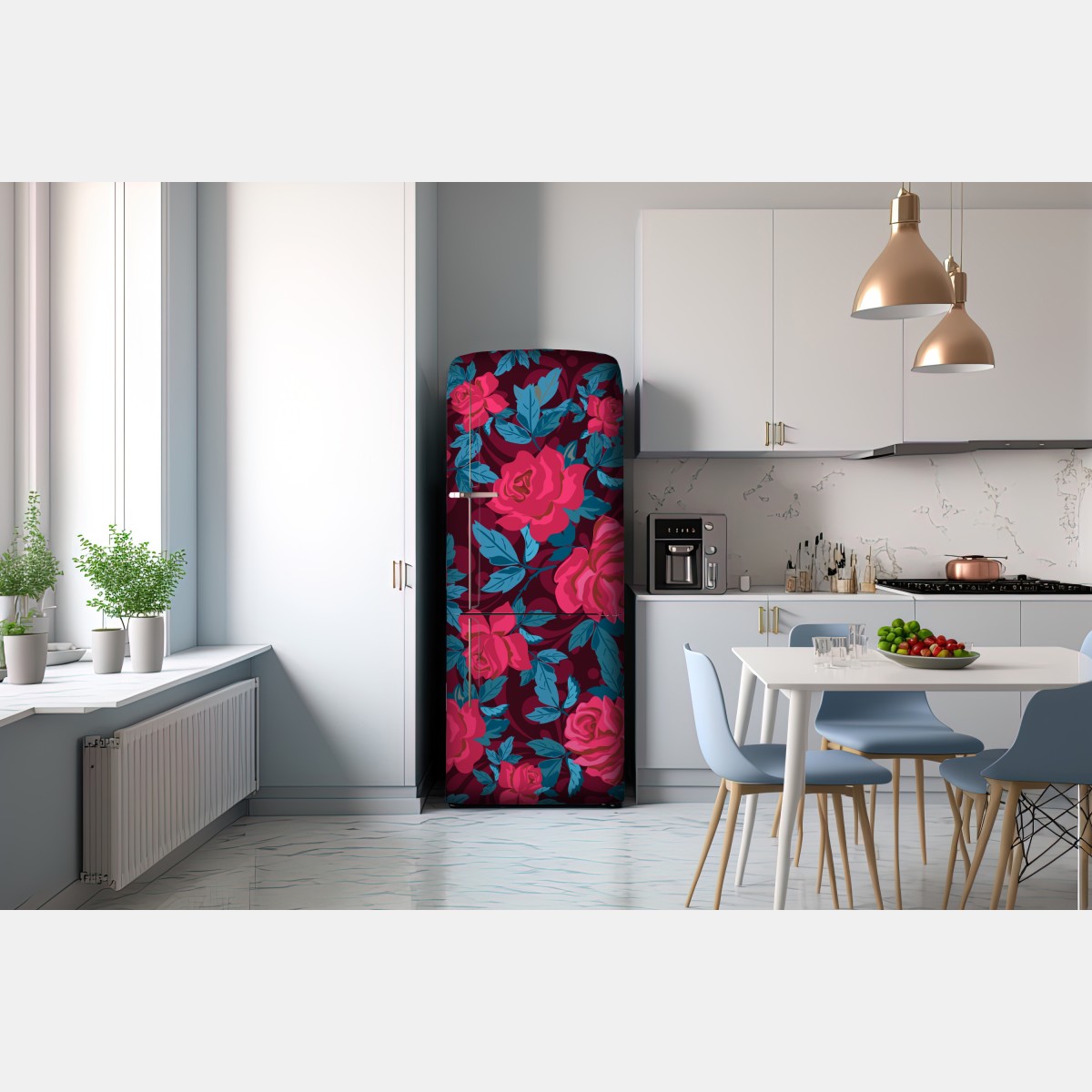 Naklejka na lodówkę vintage wzór różany w odcieniach różu – Wallissimo® Naklejka na lodówkę vintage wzór różany w odcieniach różu – Wallissimo®