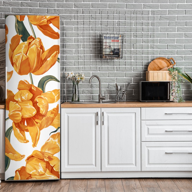 Naklejka na lodówkę wzór z żywymi pomarańczowymi tulipanami
