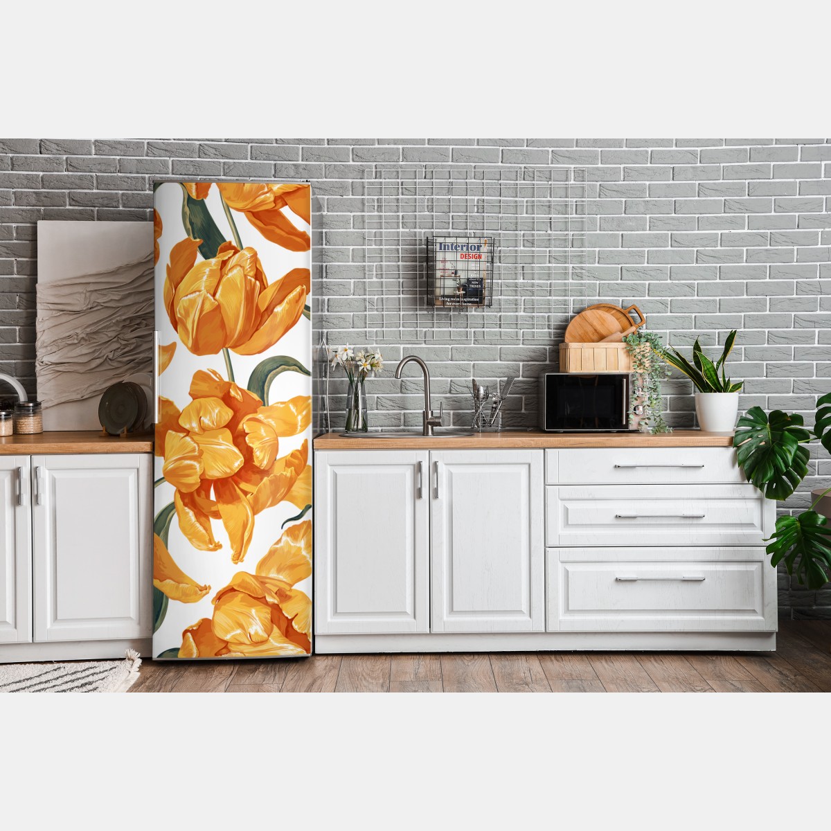Naklejka na lodówkę wzór z żywymi pomarańczowymi tulipanami – Wallissimo® Naklejka na lodówkę wzór z żywymi pomarańczowymi tulipanami – Wallissimo®