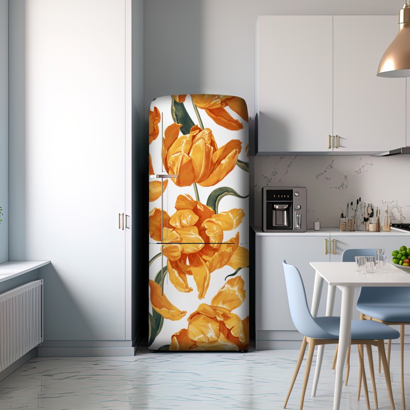Naklejka na lodówkę wzór z żywymi pomarańczowymi tulipanami – Wallissimo® Naklejka na lodówkę wzór z żywymi pomarańczowymi tulipanami – Wallissimo®