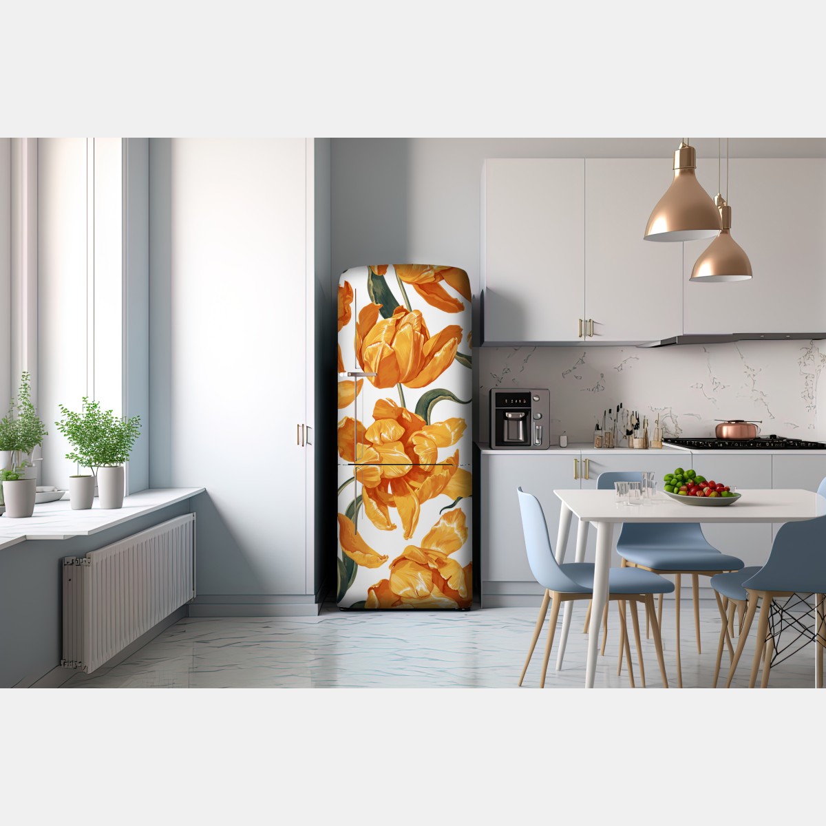 Naklejka na lodówkę wzór z żywymi pomarańczowymi tulipanami – Wallissimo® Naklejka na lodówkę wzór z żywymi pomarańczowymi tulipanami – Wallissimo®