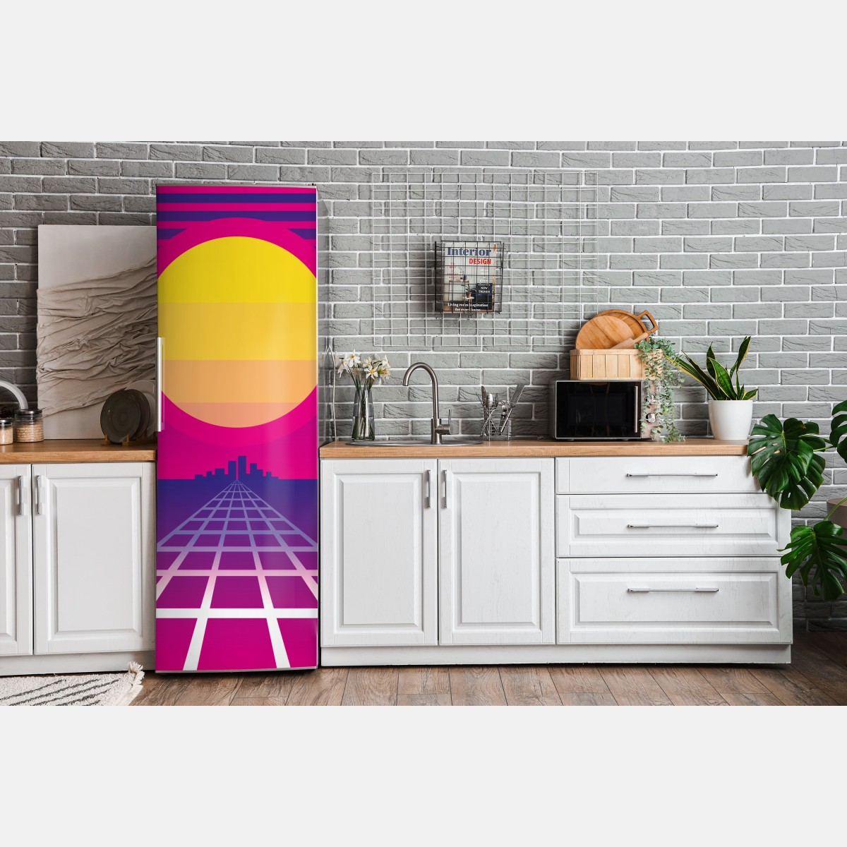 Naklejka na lodówkę neonowy zachód słońca nad miastem – Wallissimo® Naklejka na lodówkę neonowy zachód słońca nad miastem – Wallissimo®
